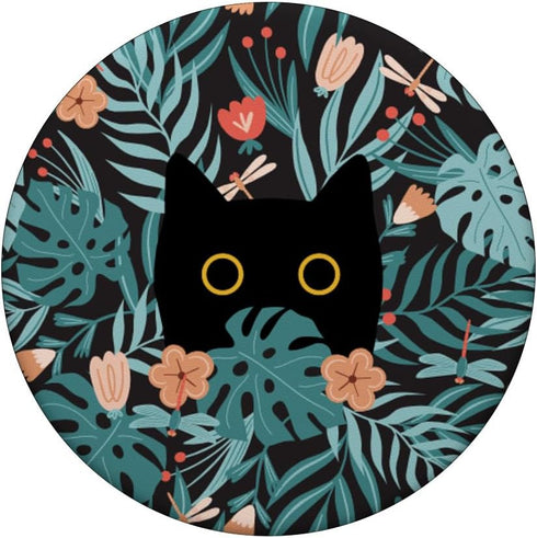 Black Cat in Botanical Flowers, Green Floral Pattern Cute Cat PopSockets Standard PopGrip