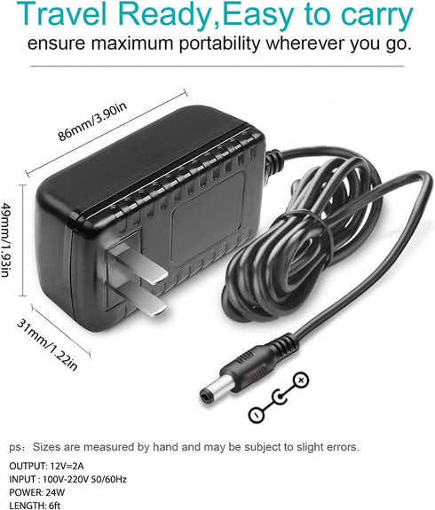 12V DC Adapter Power Cord for Theragun Liv, ONN Sound Bar Speaker, Monitor Charger Replacement
