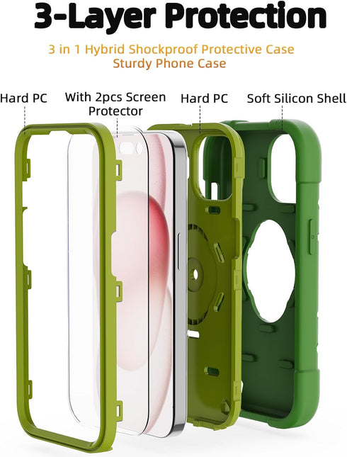 KCJ iPhone 15 Case (6.1") - Avocado, Soft Silicone + Hard PC, Full Body Protection, Includes 2 Screen Protectors & Ring