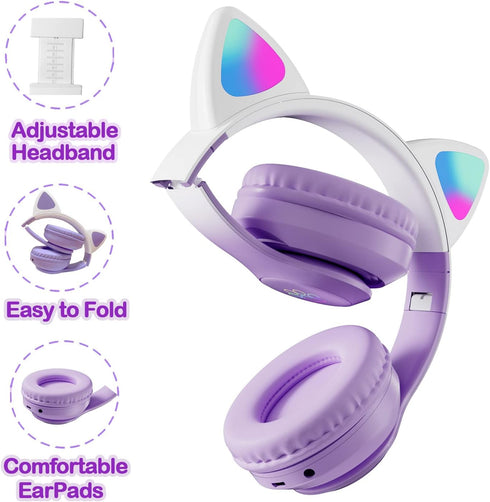 Kids Bluetooth Headphones, Wireless Over-Ear Headphones with Microphone, Cat Ear Design for Girls, Purple