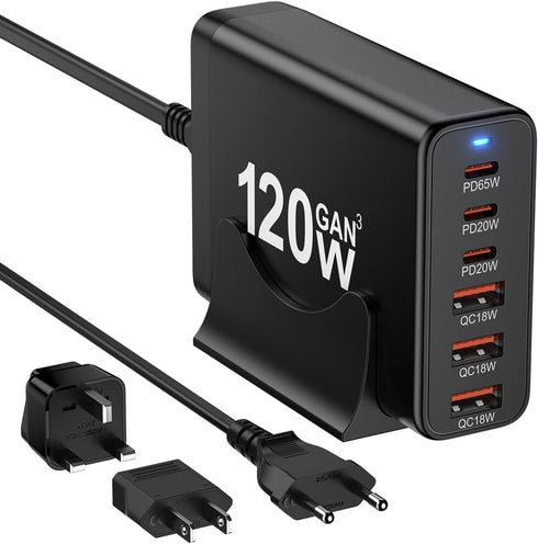 European USB C Charger Station, Fast Charging Hub with 6 Multi Ports, 120W GaN PD QC Block for Apple, Samsung