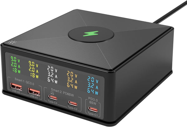 USB Charger Station Multi Port: Desktop 160W Power Fast Charging Hub Wall Block PD 3.0 – 5 Ports with Wireless Pad &