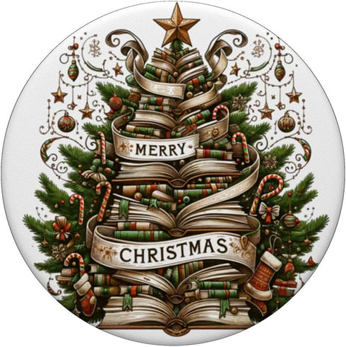 Literary Christmas Tree Festive Book Stack PopSockets Adhesive PopGrip
