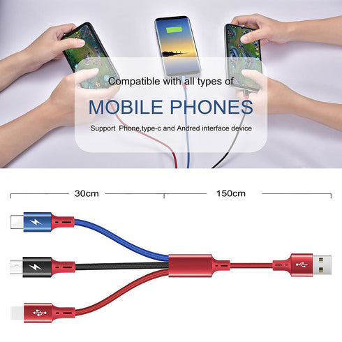 3-Pack Multi Charging Cable 5Ft Braided 3-in-1 Charger for IP, Type C, Micro USB - Compatible with Cell Phones, Tablets