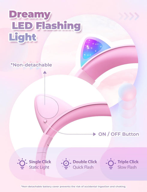 iClever Kids Headphones with Cat Ear Led Light Up, Safe Volume Limite Kids Wired Headphones with FunShare Foldable Over-Ear Headphones for Kids/School/iPad/Tablet/Travel, Meow Donut-Pink