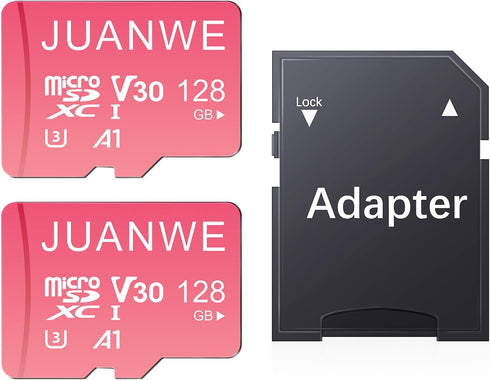 JUANWE 128GB Micro SD Card 2 Pack with SD Adapter, C10 U3 A1 V30 Memory Card, Pink