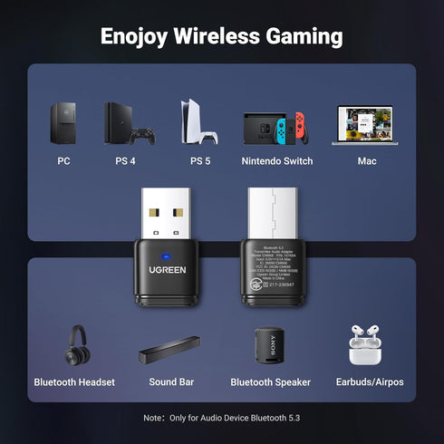 UGREEN Bluetooth 5.3 Adapter for PS5, USB Audio Transmitter with APTX, Connect Bluetooth Headphones to PS5, PS4,
