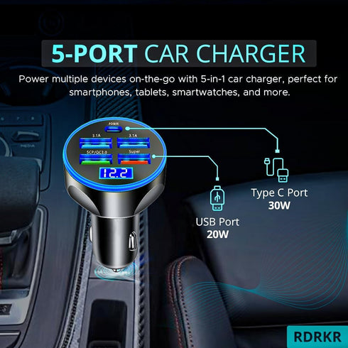 5 Port Car Charger Cigarette Lighter USB Charger LED Voltage Monitor (4USB+PD) Cigarette Lighter Adapter USB C Compatible with Android/iPhone and Tablets Devices