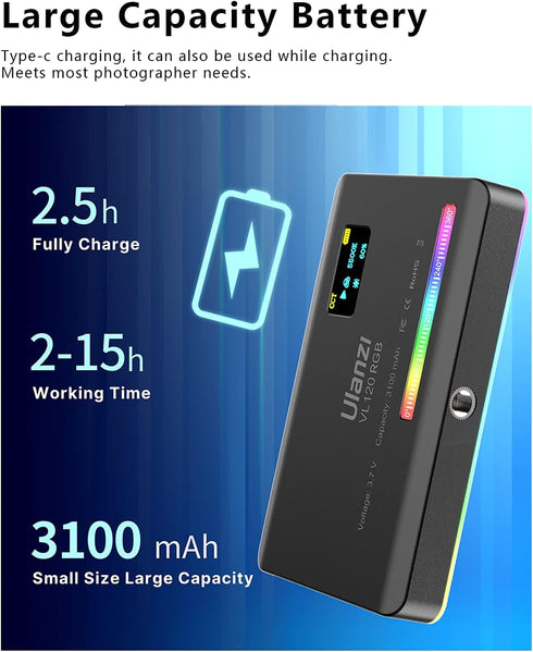 ULANZI VL120 RGB Video Light, Pocket LED On-Camera Video Light with Built-in 3100mAh Battery, 360 Full Color Effects
