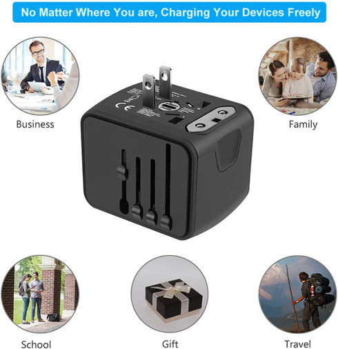 Universal Travel Power Adapter with High Speed 2.4A USB, 3.0A Type-C, Worldwide AC Outlet Plugs, Black