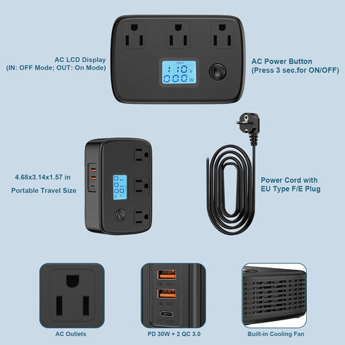 Universal Travel Adapter 220v to 110v Converter with 3 AC Outlets, 2 QC3.0, 1 PD30W, 250W Combo