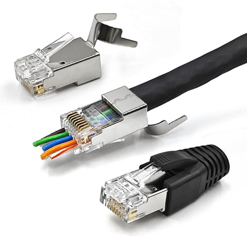 10 Pack Cat7 Cat6A Pass Through Shielded RJ45 Connector Modular Network 50 Gold-Plated Plug for Cat 6, Cat 6A, Cat 7