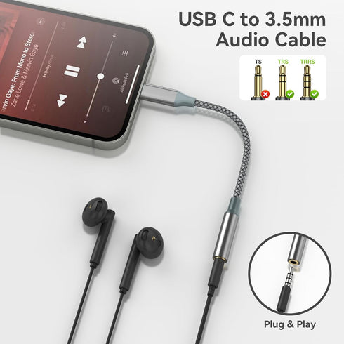 USB C to 3.5mm Audio Dongle Cable (Pack of 2), Type C Headphone Jack Adapter for iPhone 15 Pro Max/Samsung Galaxy