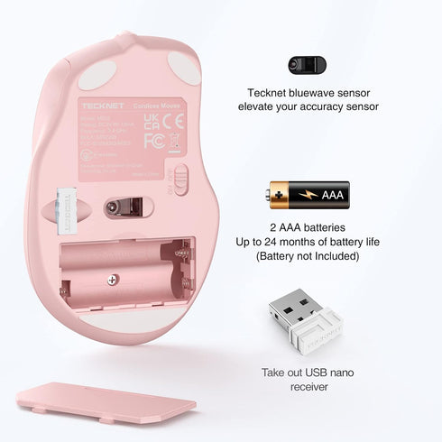 TECKNET Wireless Mouse, 2.4GHz Ergonomic Computer Mouse, Portable Cordless Mice for Laptop, 6 Buttons USB Mouse - Pink