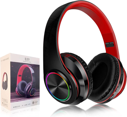 Bluetooth Over Ear Headphones, Foldable LED Stereo Headset with Built-in Microphone, Noise-Cancelling for