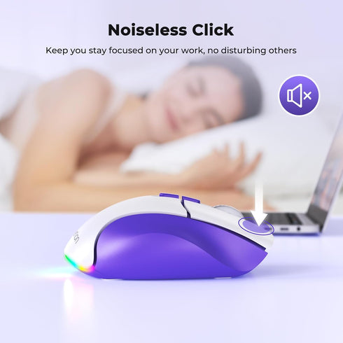 MEETION Wireless Mouse for Laptop, Ergonomic Rechargeable Mouse with USB and Bluetooth, 4 Adjustable DPI, Purple White