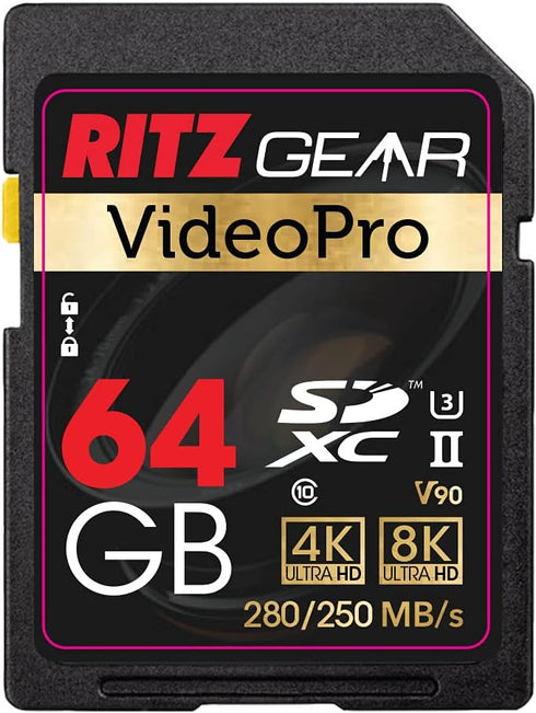 Ritz Gear 64GB High-Speed SDXC UHS-II SD Card, C10, U3, V90 for DSLR, Cinema-Quality Video Cameras