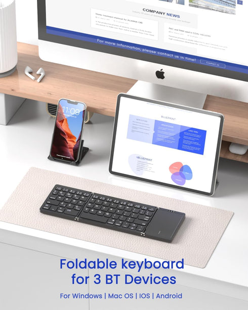 Foldable Bluetooth Keyboard with Touchpad, Portable Wireless Keyboard for iOS, Android, Windows, Mac, Sync Up to 3