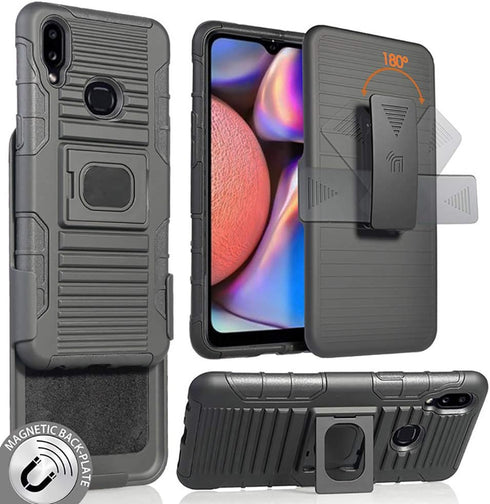 Case with Clip for Galaxy A10s, Nakedcellphone Black Rugged Cover with Finger Grip Stand, Built-in Mounting Plate, Belt
