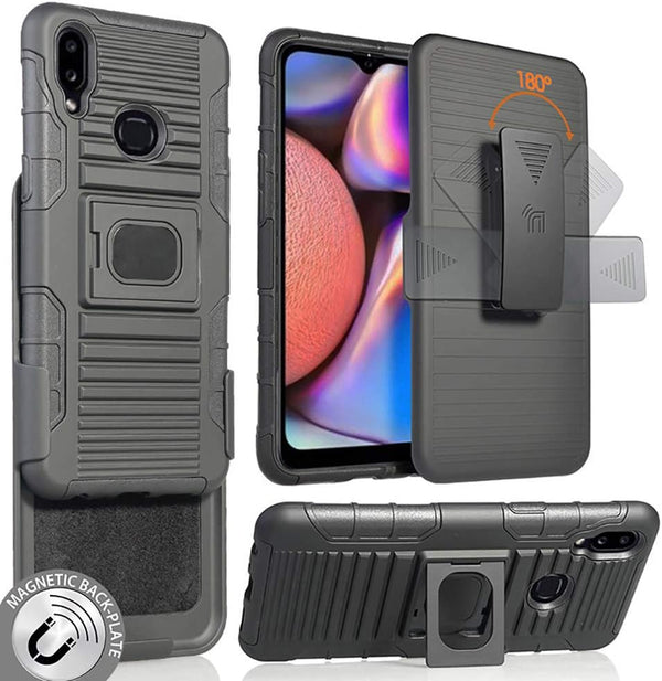 Case with Clip for Galaxy A10s, Nakedcellphone Black Rugged Cover with Finger Grip Stand, Built-in Mounting Plate, Belt