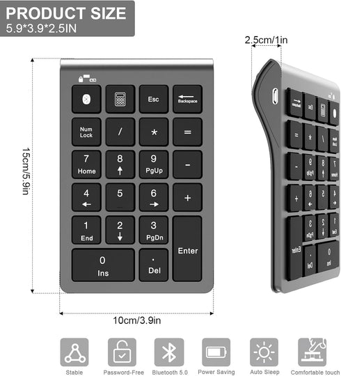 Bluetooth Number Pad Wireless & Wired 10 Key USB Keypad, Rechargeable Numpad for Laptops, Desktop, Computers