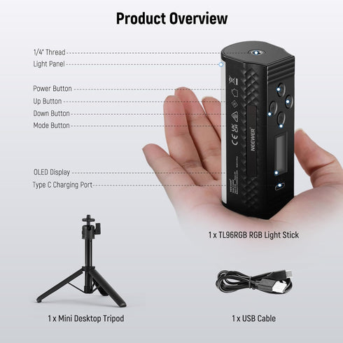NEEWER 360 2500mAh 2500-8500K Dimmable TL96RGB Basic Magnetic Handheld Light Wand with Desk Tripod, Full RGB Mini LED