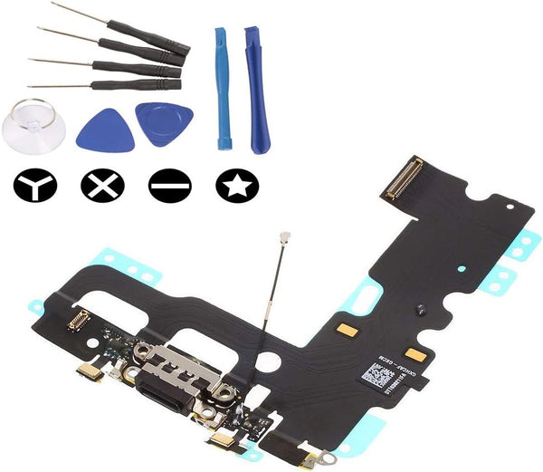 (md0410) Black USB Charging Port Charge Dock Connector Charger Flex Ribbon Cable Replacement for iPhone 7 + Tools Kit