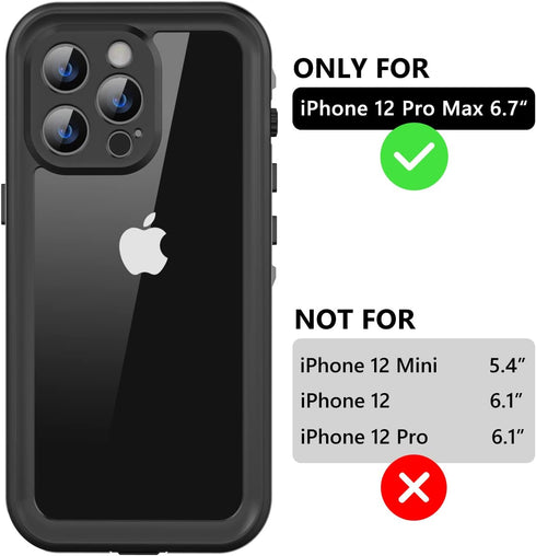 for iPhone 12 Pro Max Waterproof Case with Built-in Screen Protector, Shockproof Dustproof Full Body Protective IP68 Waterproof Phone Case for iPhone 12 Pro Max 6.7 inch (Black/Clear)
