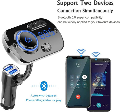 Bluetooth 5.0 FM Transmitter for Car, Wireless FM Radio Adapter with Dual USB Ports