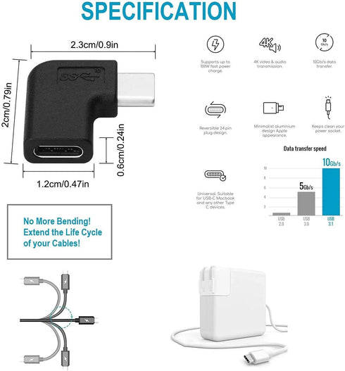 USB-C 90 Degree Angle Adapter, 2 Pack Male to Female Right & Left Angled USB 3.1 Type-C Extension