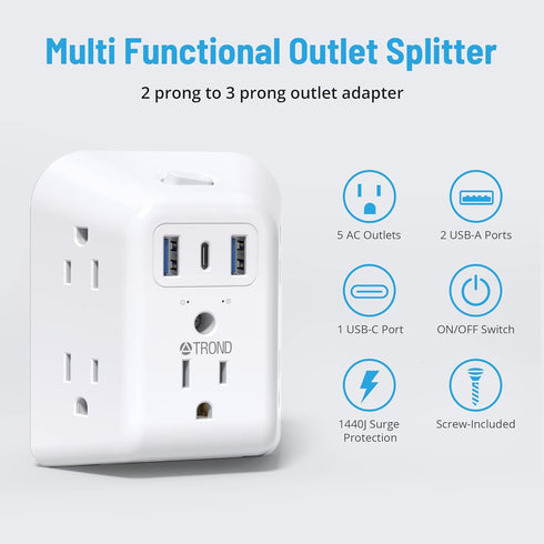 TROND 2 Prong Power Strip USB, 2 to 3 Prong Outlet Adapter, 5 Outlet Splitter with 3 USB Ports(1 USB C), Wall Mount 1440J Surge Protector with ON/OFF, Polarized Plug, for Non-Grounded Outlet Old House