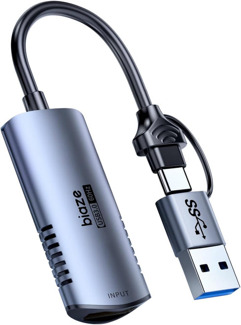 biaze Video Capture Card, 4K HDMI to USB/USB C Capture Card 1080P 60FPS