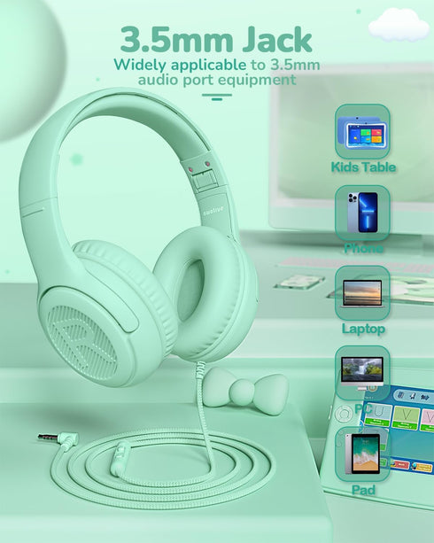 Kids Headphones for School, Toddler Wired with Microphone, Plug in Bulk for Boys and Girls 3+ Year Old Green