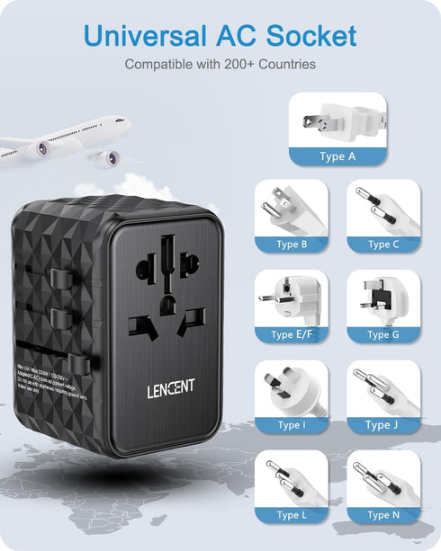 LENCENT 65W International Travel Adapter, GaN Universal with 2 USB-A & 3 Type C Fast Charger, Black