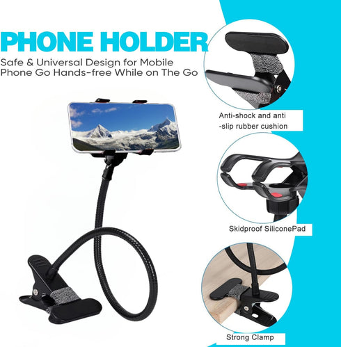 Bedside Phone Holder,gooseneck Phone Holder Clip Flexible arm Phone Holder,Flexible gooseneck Mobile Phone Bracket,360 Adjustable DIY Flexible Desktop Mobile Phone Bracket
