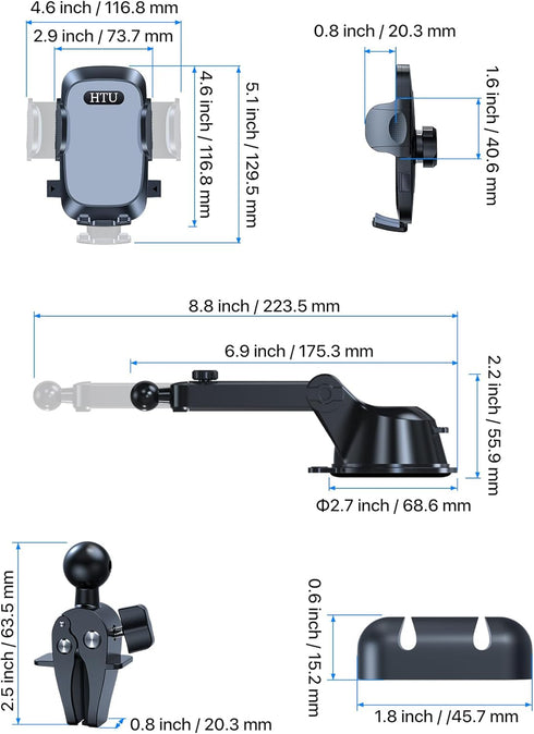 HTU 2024 Ultimate Car Phone Mount, Strongest Suction & Military-Grade Holder for Dashboard Windshield
