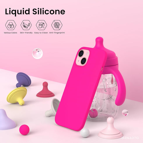 ORNARTO iPhone 15 Plus Case 6.7" - Slim Hot Pink Liquid Silicone, 3 Layers, Soft Gel Rubber, Anti-Scratch Microfiber