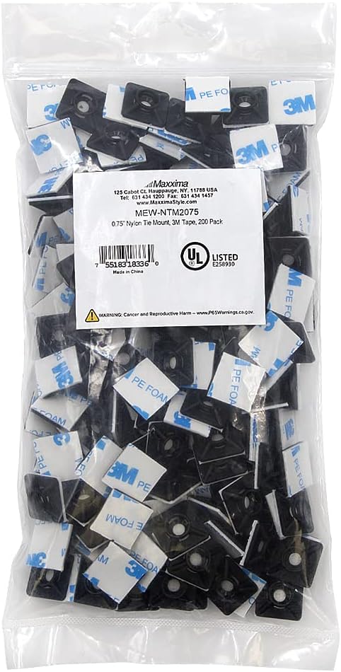 Maxxima 0.75 Inch Zip Tie Mounts - Black, 200 Pack, Cord Management Desk Cable Organizer with 3M Tape