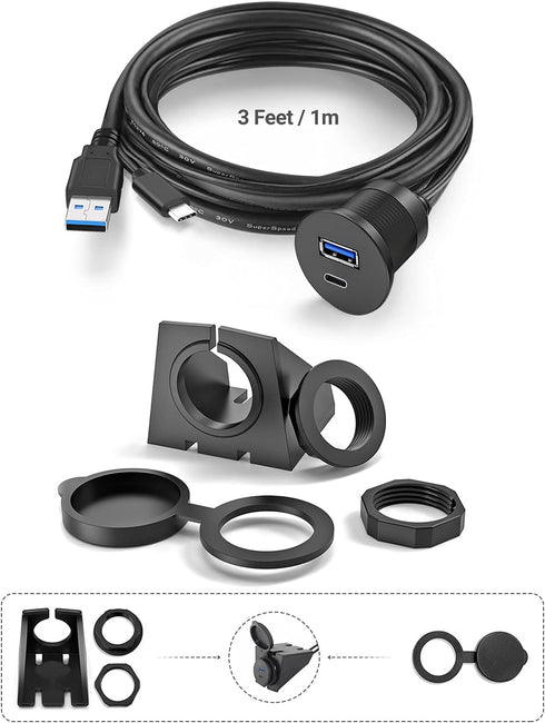 USB Type C 3.0 and USB 3.0 Male to Female Flush Mount Cable, Waterproof Kit for Car Dash Panel Mount Adapter