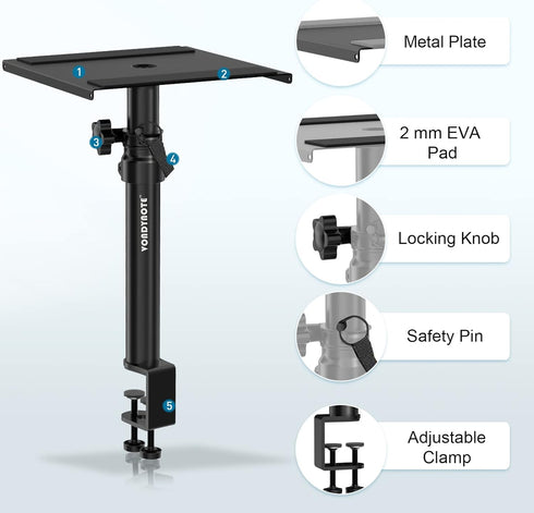 Set of 2 Height Adjustable Studio Monitor Speaker Stands, 12" to 18" with Desk Clamp for Desktop Use.