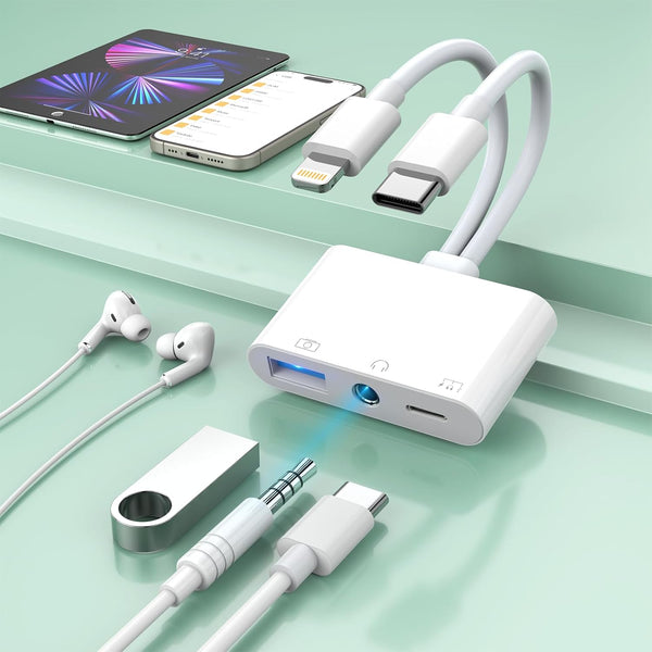 Lightning + USB C to Aux Audio Headphone Jack Adapter, Multi USB OTG Camera Adapter for iPhone 15/14/13