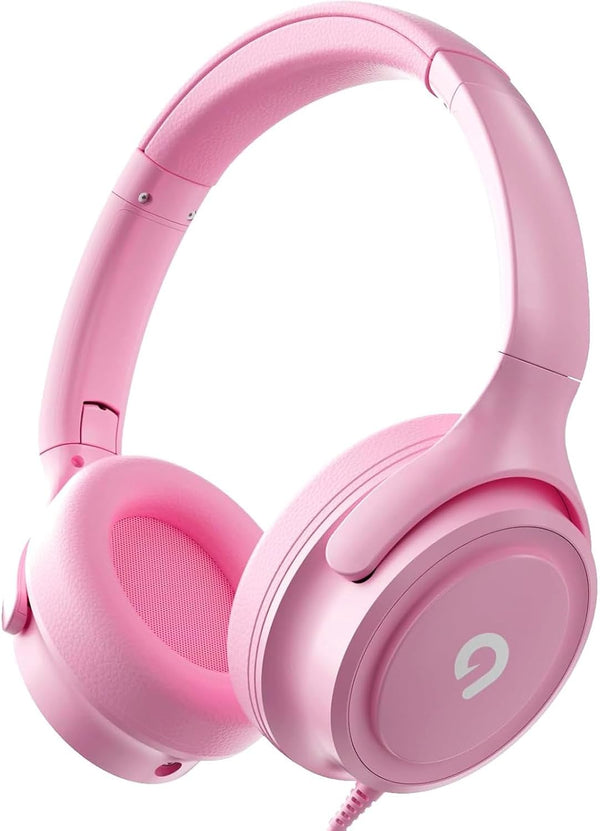 Kids Headphones with Cord, 3.5mm Jack, Safe Volume Control, Built-in Microphone, Pink