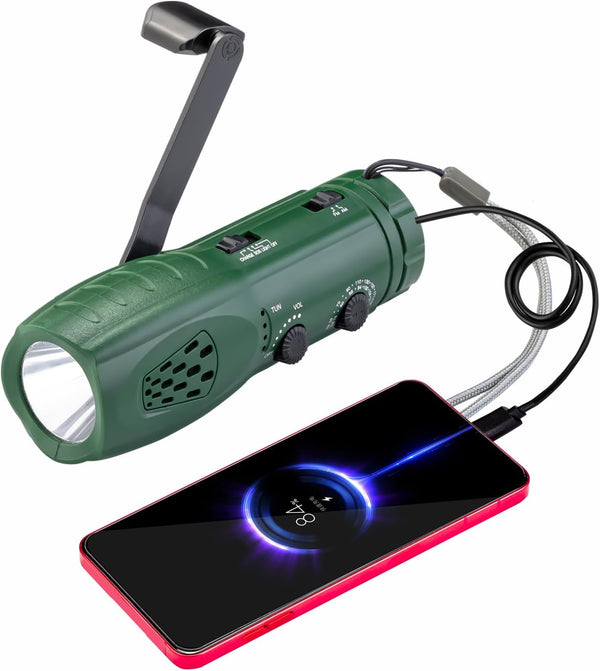 Hand Crank Flashlight with Emergency Radio, Portable USB Charging LED Torch for Camping and Hiking