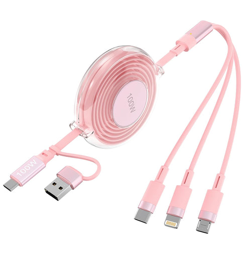 Multi Charging Cable Retractable, Pink 5in1 USB A/C to USB C/Lightning/Micro USB Fast Charging Cord