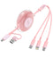 Multi Charging Cable Retractable, Pink 5in1 USB A/C to USB C/Lightning/Micro USB Fast Charging Cord