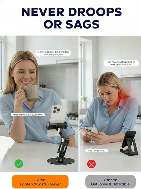 QooWare Phone Stand for Desk - Adjustable Height and Angle Foldable Cell Phone Stand Holder, No Dropping Stable