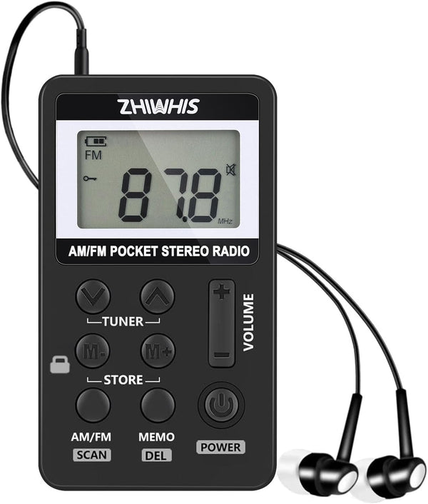 ZHIWHIS Portable Radio, AM FM Mini Transistor Rechargeable Battery Personal Digital Tuning Stereo Pocket Walkmen with