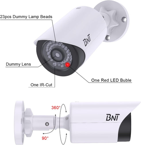 BNT Dummy Fake Security Camera with Red LED Light, Indoor/Outdoor Use for Home and Business Security (2 Pack)