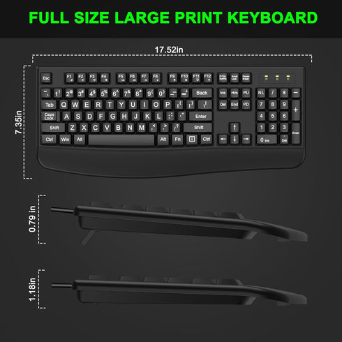 QUASIO 4X Large Print Ergonomic Keyboard, Full Size Keyboard with Wrist Rest, Silent Wired USB Computer Keyboard