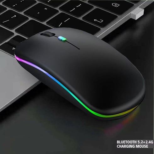LED Wireless Mouse, Slim Silent Dual-Mode 2.4G+BT Rechargeable 7-Color Optical Mouse with USB Receiver, 3 Adjustable